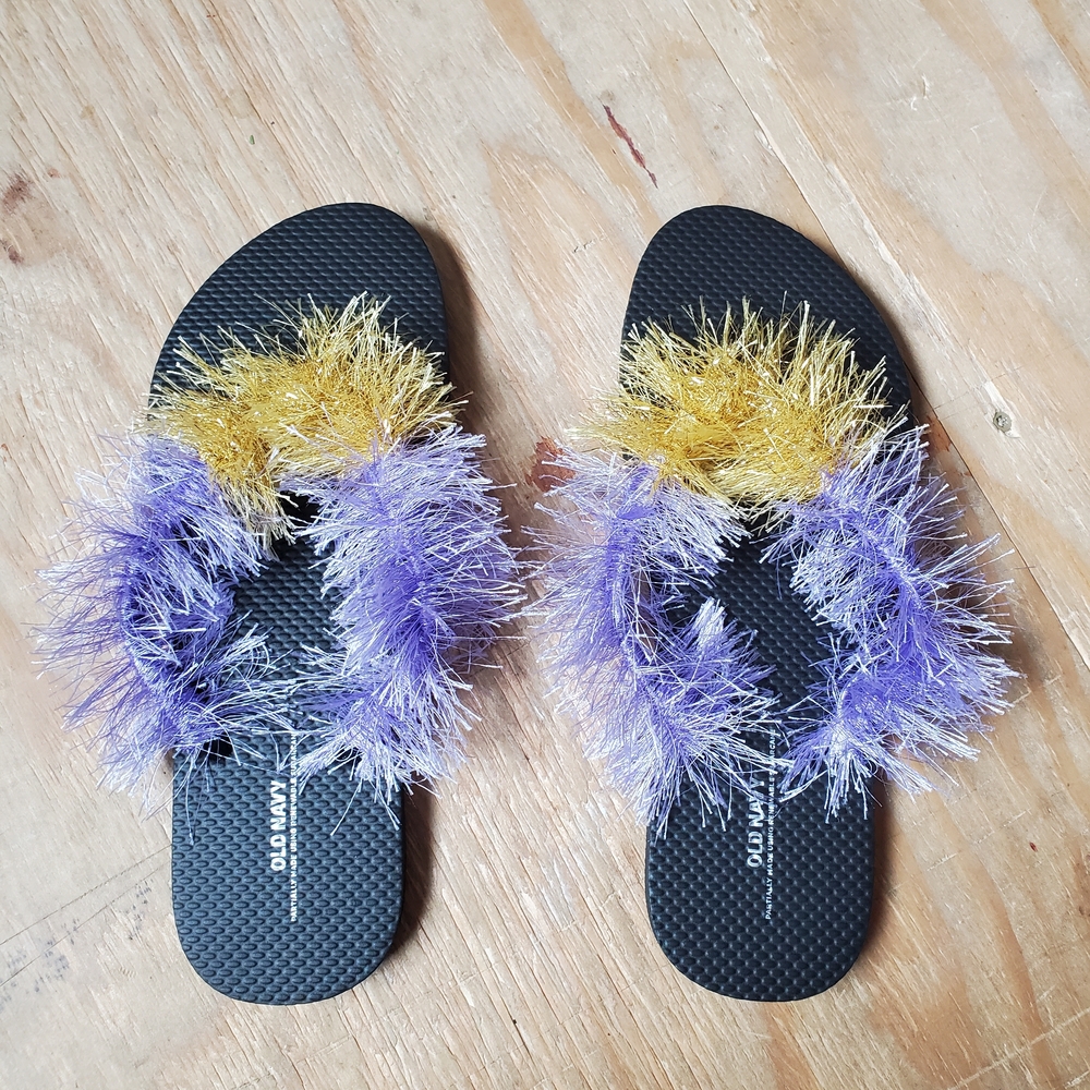 Purple & Gold Fuzzy Flip Flops (Adult Size 10)